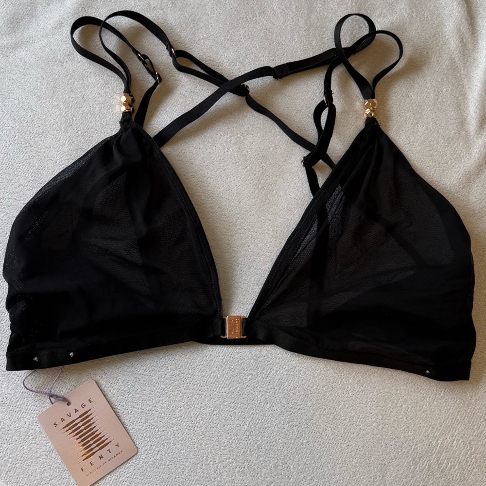 Savage X Fenty Black Sheer Strappy Triangle Bralette with Gold Accents
